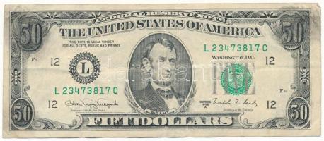 Amerikai Egyesült Államok 1988A 5$ bankjegy átkasírozva hamis 50$ címletre, mindkét oldalon hibás "FIFTI" szövegezéssel, több helyen is "FIVE" jelöléssel, Lincoln portréja alatt "GRANT" szöveggel. T:F USA 1988A 5 Dollars bill overprinted for a fake $50 bill, with incorrect "FIFTI" text on both sides, "FIVE" in several places, and "GRANT" text under Lincoln's portrait. C:F