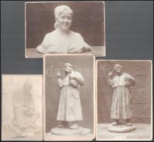 1904 Beszédes János László / Beszédes László (1874-1922) szobrász műveiről készült 4 db keményhátú fotó, három hátoldalán Beszédes László autográf feliratával és aláírásával (a negyediken a kép alatt valószínűleg szintén autográf címfelirat), változó állapotban, 13,5x8,5 cm és 18x11,5 cm közötti méretben