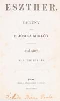 B. Jósika Miklós: Eszther I-II. köt. Regény. Pest, 1867., Heckenast Gusztáv, 4+210+1;+4+220 p. 2. kiadás. Átkötött félvászon-kötés, kopott borítóval, kissé sérült lapokkal, foltos lapokkal, laza fűzéssel.