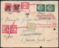 1934 Levél Németországból Dunaföldvárra küldve Pengő-fillér portó 3 x 2f + Kisegítő portó 2 x 10/80f portózással "Elköltözött" jelzéssel visszaküldve