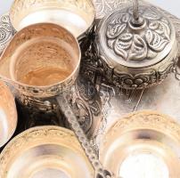Keleti ezüstözött réz 4 személyes kávézó szett, tálcán, d: 20 cm