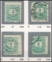 1874-1881 4 db Színesszámú 3kr durva méretkülönbségekkel, ritka ekkora példány (ex Orbán, Sebestyén aranyérmes kiállítási anyagból)