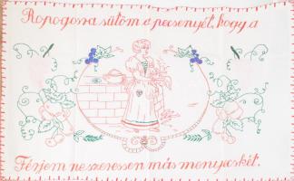 Kézzel hímzett konyhai falvédő, "Ropogósra sütöm a pecsenyét, hogy a férjem ne szeressen más menyecskét" felirattal, 47x78 cm