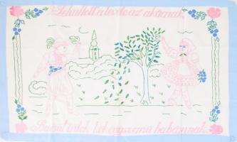 Kézzel hímzett konyhai falvédő, "Lehullott a levele az akácnak, búcsút intek kökényszemű babámnak" felirattal, 46x76 cm