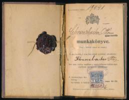 1922 Schvarczbacher (Schwarzbacher) Ottó munkakönyve, 1K 50f okmánybélyeggel, "A Miskolci Ipartestület Elnöksége" feliratú viaszpecséttel