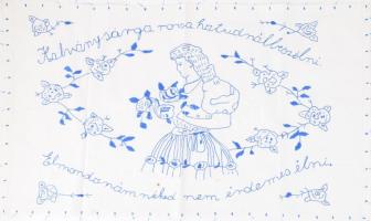 Kézzel hímzett konyhai falvédő, "Halványsárga rozsa ha tudnál beszélni, Elmondanám néked nem érdemes élni" felirattal, 40x72 cm