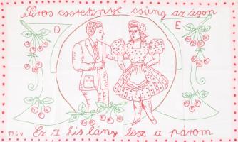 Kézzel hímzett konyhai falvédő, "1964 Piros cseresznye csüng az ágon Ez a kis leány lesz a párom" felirattal, 44x73 cm