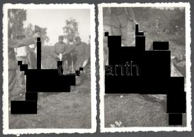 cca 1940 Ló megnyúzott tetemét boncoló katonák, 2 db fotó, 8,5x6 cm