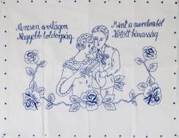 Kézzel hímzett konyhai falvédő, "Nincsen a világon nagyobb boldogság, Mint a szerelemből kötött házasság" felirattal, 57x71 cm