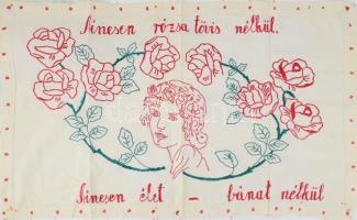 Kézzel hímzett konyhai falvédő, "Nincsen rózsa tövis nélkül. Nincsen élet bánat nélkül" felirattal, 43x74 cm