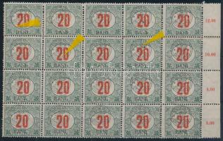 Kolozsvár 1919 Pirosszámú Portó 20f 20-as tömb, lemezhibák a felülnyomásban, Bodor vizsgálójellel