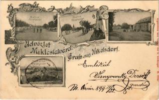 1899 (Vorläufer) Miklóshalma, Miklósfalva, Miklósfalu, Nikelsdorf, Nickelsdorf; Fő utca, látkép. S. Aichinger kiadása, szecessziós-virágos keret / Hauptgasse, Totalansicht / main street, general view. Art Nouveau, floral frame (vágott / cut)