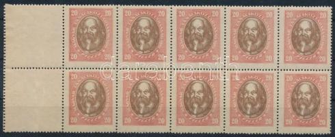 1919 Magyar Tanácsköztársasági arcképek 20f 10-es tömb bal oldalt két üres mezővel álló vízjellel (140.000)