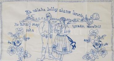 Kézzel hímzett konyhai falvédő, "Ha valaha boldog akarsz lenni Ne tanulj meg soha igazán szeretni" felirattal, 38x68 cm