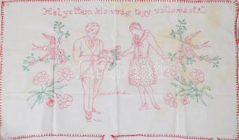 Kézzel hímzett konyhai falvédő, "Helyettem kis virág tégy vallomást" felirattal, 44x77 cm