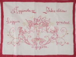 Kézzel hímzett konyhai falvédő, "A gyümölcs az Isten áldása, Legyen gondod a fájára" felirattal, 51x66 cm