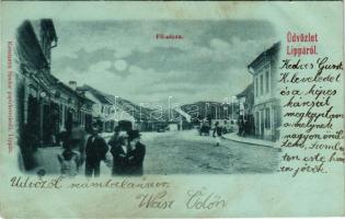 1900 Lippa, Lipova; Fő utca este holdfényben, üzletek. Konstantin Sándor kiadása / main street at night in moonlight, shops (fl)