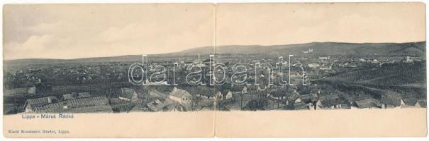 1912 Lippa, Lipova; Lippa és Máriaradna látképe. Konstantin Sándor kiadása, 2-részes kihajtható panorámalap / general view of Lipova and Radna. 2-tiled folding panoramacard (hajtásnál szakadás / tear at fold)