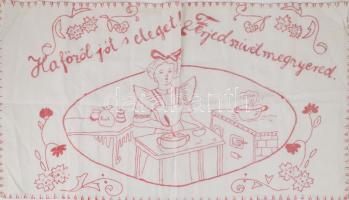 Kézzel hímzett konyhai falvédő, "Ha főzöl jót s eleget! Férjed szivét megnyered" felirattal, 41x79 cm