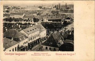 Lugos, Lugoj; látkép, Grünberger Ede, Wolf Samu és fia üzlete. Auspitz Adolf kiadása / general view, shops (kis szakadás / small tear)