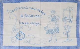 Kézzel hímzett konyhai falvédő, "Rózsafámnak minden ága a babámat hazavárja" felirattal, 42x69 cm