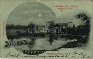 1900 Maroskeresztúr, Cristuru Mures, Cristesti; Z. Knöpfler Elek nyaralója, kastély este holdfényben. Holbach Ede kiadása / villa, castle at night in moonlight + "SZÁSZ-RÉGEN - KOCSÁRD 130. SZ." vasúti mozgóposta bélyegző (fl)
