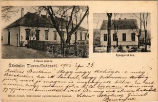 1903 Marosludas, Ludosul de Mures, Ludus; Állami iskola, Igazgatói lak télen. Glück József kiadása / school, director's house in winter (fl)