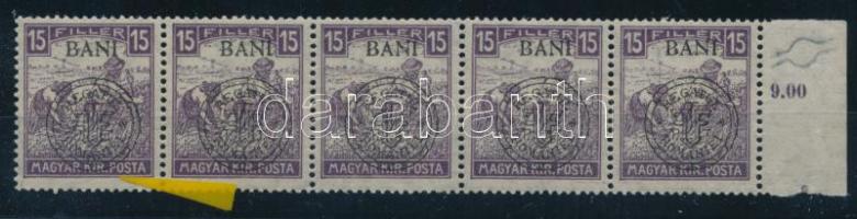Kolozsvár 1919 Arató 15f 5-ös csík, benne 1 x "hurkás kör" lemezhiba a felülnyomatban, Bodor vizsgálójellel