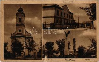 1943 Tiszafüred, Római katolikus templom és iskola, Hősök szobra, emlékmű. Merkur kiadása + "TISZAFÜRED PU. LEVÉSZEKRÉNYBŐL" (felületi sérülés / surface damage)