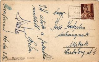 1943 Tiszafüred, Római katolikus templom és iskola, Hősök szobra, emlékmű. Merkur kiadása + "TI...