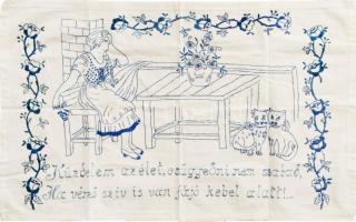 Kézzel hímzett konyhai falvédő, "Küzdelem az élet, csüggedni nem szabad, Ha vérző sziv is van fájó kebel alatt" felirattal, 46x77 cm