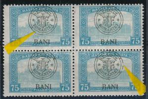 Kolozsvár 1919 Parlament 75f négyestömb benne "hurkás kör" + "kihasadt kör" lemezhiba, Bodor vizsgálójellel