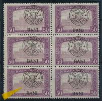 Kolozsvár 1919 Parlament 50f hatostömb benne 1 "hurkás kör" lemezhiba a felülnyomatban, Bodor vizsgálójellel