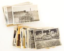 I. világháború, népfelkelő munkásosztaghoz kapcsolódó felvételek: csoportképek parancsnoki épület előtt, lovak, hídépítés, tájak (valószínűleg erdélyi helyszínek), életképek, stb., összesen 71 db fotó + 1 db negatív, vegyes méretben és állapotban