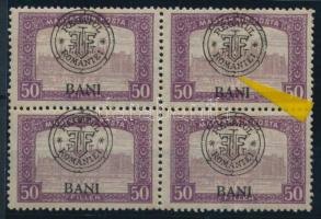 Kolozsvár 1919 Parlament 50f négyestömb "hurkás kör" lemezhibával a felülnyomatban, Bodor vizsgálójellel (törés a gumin)