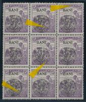 Kolozsvár 1919 Arató 15f 9-es tömb több lemezhibával a felülnyomatban, Bodor vizsgálójellel