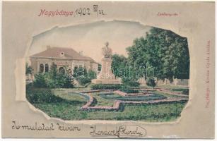 1902 Nagybánya, Baia Mare; Lendway tér, Lendvay Márton szobra, Polgári olvasókör. Kovács Gyula kiadása / square, statue, reading club (r)