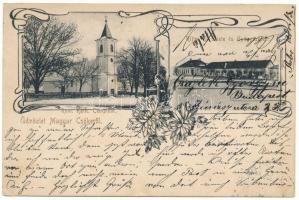 1905 Magyarcséke, Ceica; Római katolikus templom, Ritter H. üzlete és gyógyszertár télen. Szecessziós-virágos keret / Catholic church, shop, pharmacy in winter. Art Nouveau, floral frame (Rb)