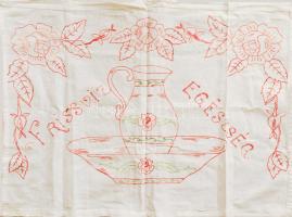 Kézzel hímzett konyhai falvédő, "Friss viz egészség" felirattal, 48x67 cm