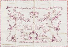 Kézzel hímzett konyhai falvédő, "Mikor egy mosolynak ezer könny a vége, nem kell a boldogság, csak a csendes béke" felirattal, 52x75 cm