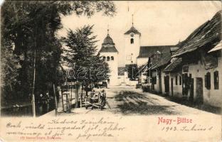 1903 Nagybiccse, Nagybittse, Nagy-Bittse, Bytca; Vár utca, templom. Gansel Lipót kiadása / street, church (EM)