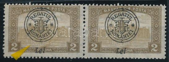Nagyvárad 1919 Parlament 2K pár, "hurkás kör" lemezhibával a felülnyomatban, Bodor vizsgálójellel