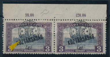 Nagyvárad 1919 Parlament/Köztársaság 3K pár "hurkás kör" lemezhibával a felülnyomatban, Bodor vizsgálójellel