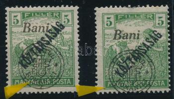 Nagyvárad 1919 Arató/Köztársaság 2 x 5f "hurkás kör" lemezhibával a felülnyomatban, Bodor vizsgálójellel