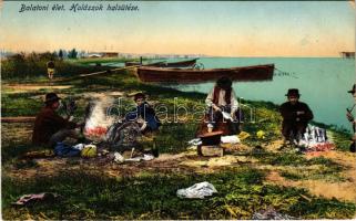 1912 Balaton, halászok halsütése a parton, magyar folklór (EK)