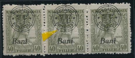 Nagyvárad 1919 Zita 40f hármascsík, benne 1 "hurkás kör" lemezhibával, Bodor vizsgálójellel