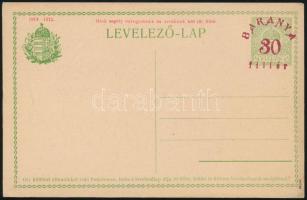 Baranya 1919 Használatlan 30f díjjegyes levelezőlap, Bodor vizsgálójellel