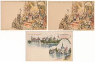 5 db RÉGI díjjegyes Ezredéves Országos Kiállítás művész képeslap, 2-2 egyforma / 5 pre-1900 Hungarian Millenniumi Exposition art postcards with brown 2 Kr. Ga., 2 duplicates