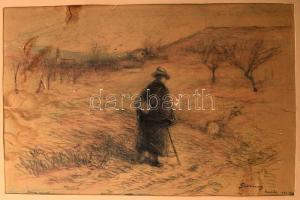 Szikszay Ferenc (1870-1908): Vándor a tájban (Csabdi?), 1905. Ceruza, papír, jelezve jobbra lent, sérült, foltos. Paszpartuban.