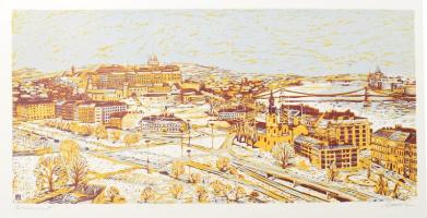 Csavlek András (1942- ): Budapest. Színes linómetszet, papír, jelzett, lapszéli egészen apró szakadással, 26×55 cm